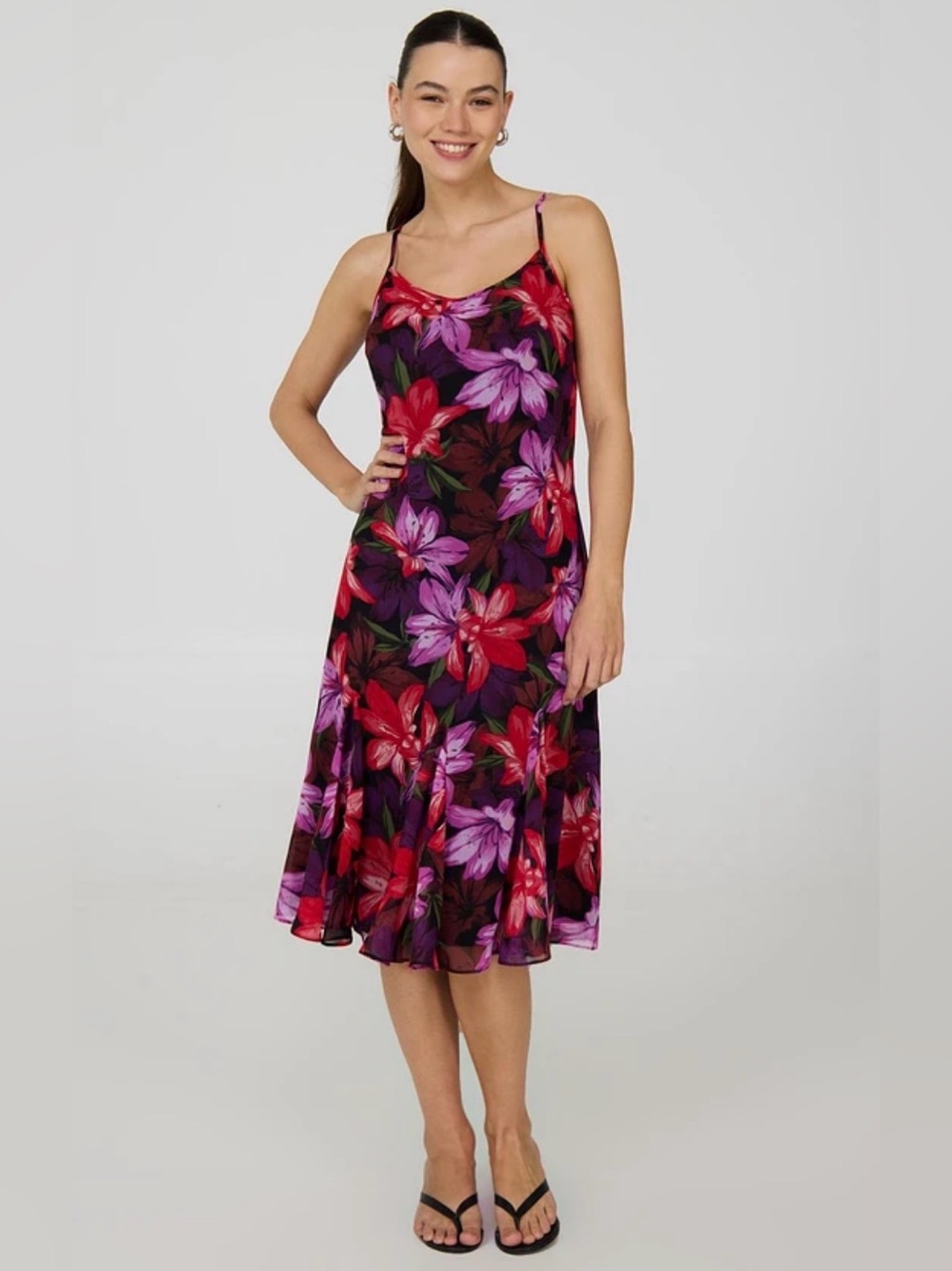 Floral Spaghetti Strap Chiffon Midi Dress XL Red Purple Suzy Shier Fully Lined